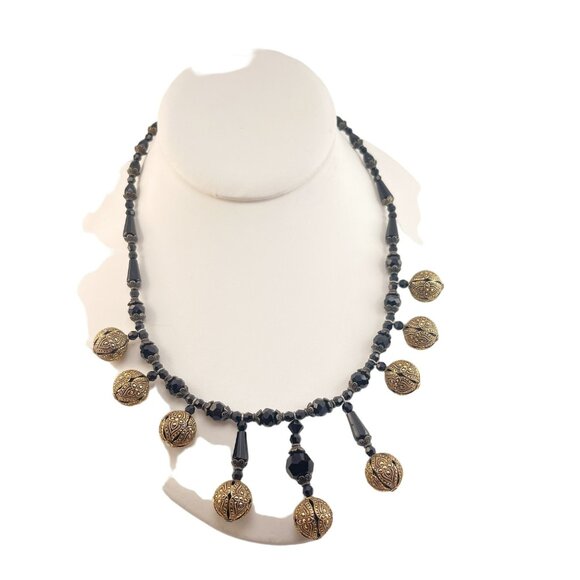 Czech Glass Bead and Sterling Silver Black Necklace Marcasite Mid Century - Picture 4 of 9